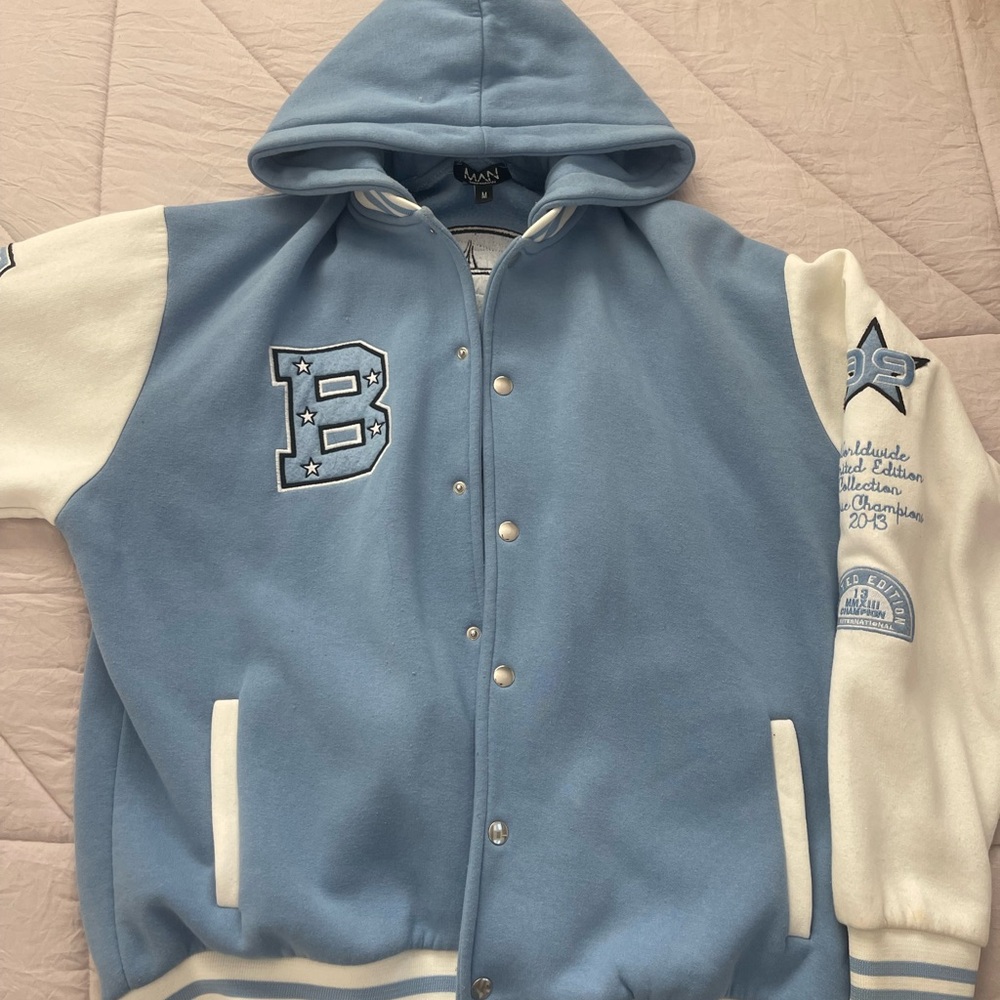Blue and White Hooded Varsity Jacket